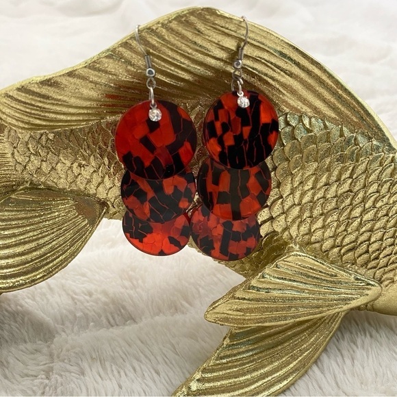 Acrylic Mosaic Red and Black Circle Dangle Earrings - Picture 3 of 8